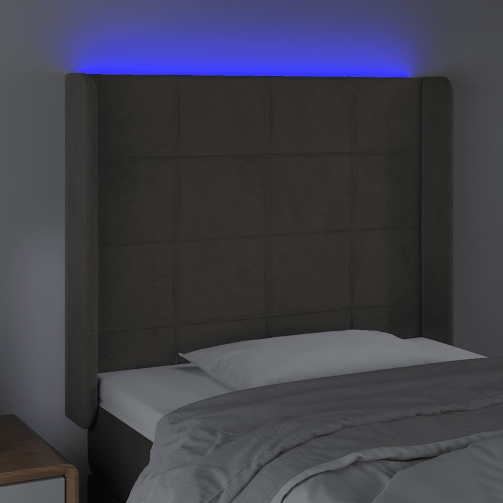 sengegavl med LED-lys 93x16x118/128 cm fløjl mørkegrå