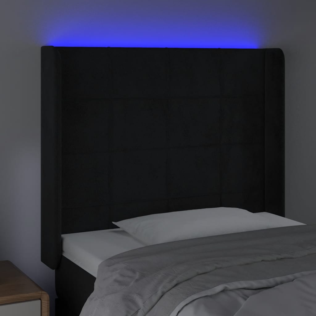 sengegavl med LED-lys 93x16x118/128 cm fløjl sort