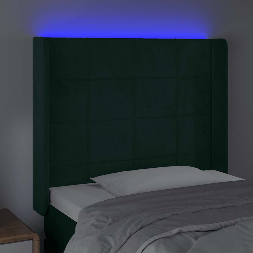 sengegavl med LED-lys 93x16x118/128 cm fløjl mørkegrøn