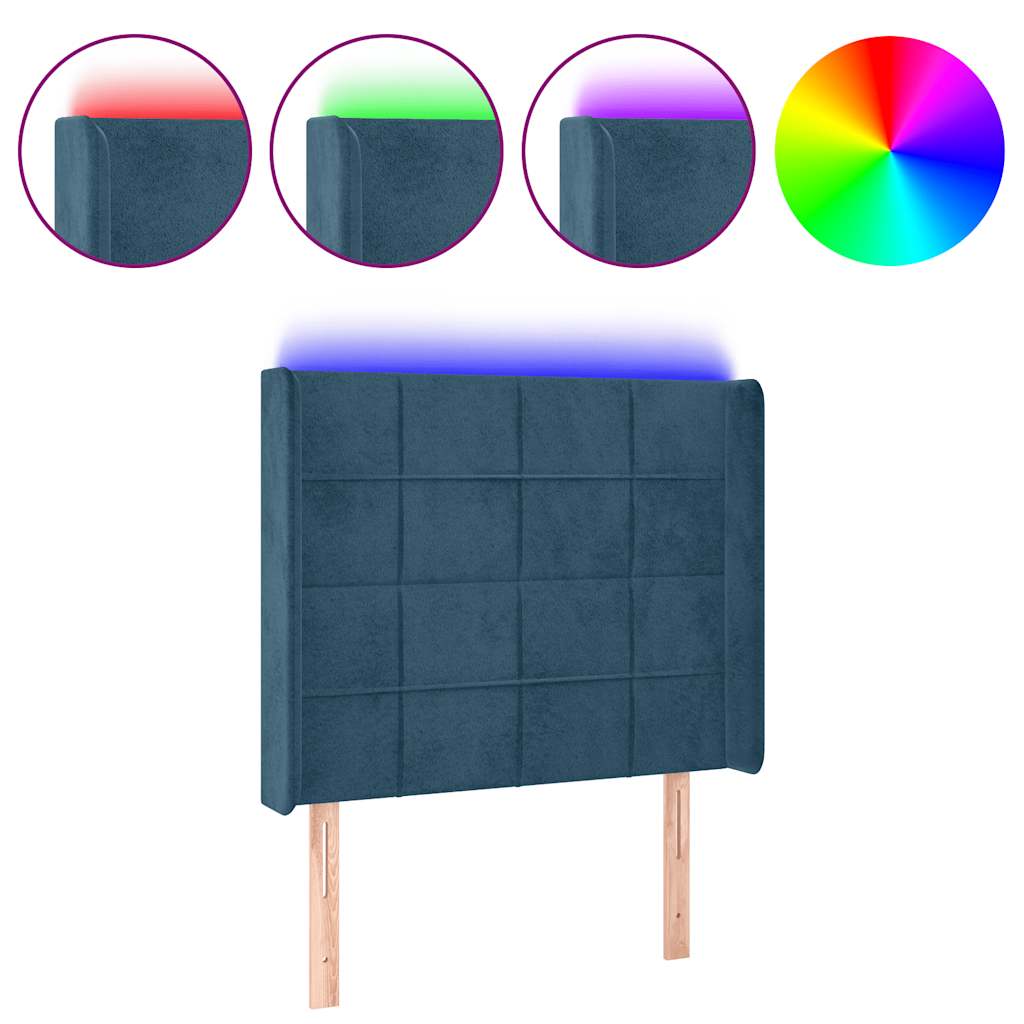 sengegavl med LED-lys 93x16x118/128 cm fløjl mørkeblå