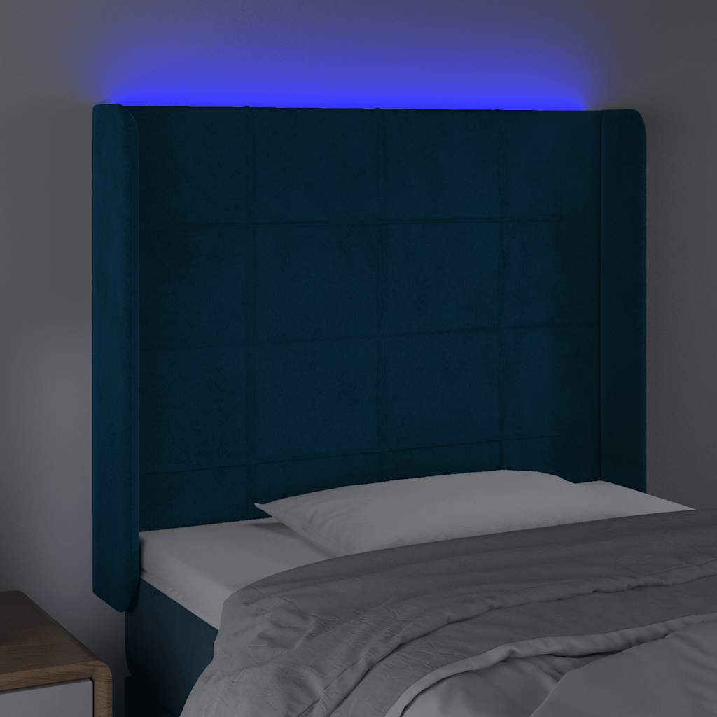 sengegavl med LED-lys 93x16x118/128 cm fløjl mørkeblå