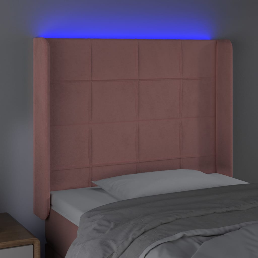 sengegavl med LED-lys 93x16x118/128 cm fløjl lyserød