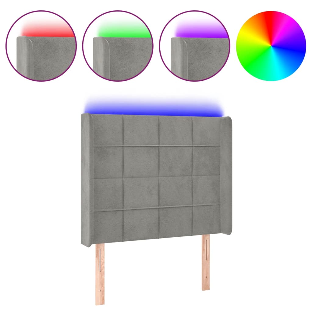 sengegavl med LED-lys 103x16x118/128 cm fløjl lysegrå