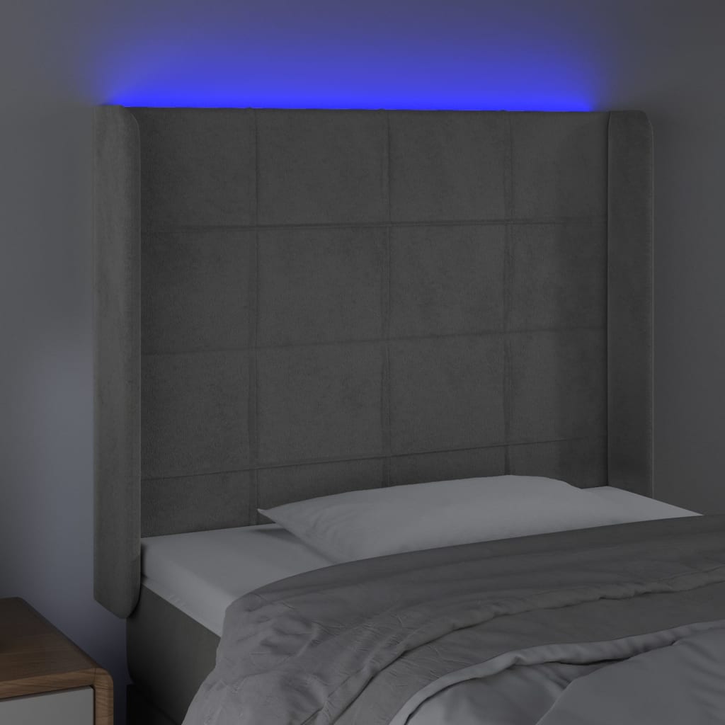 sengegavl med LED-lys 103x16x118/128 cm fløjl lysegrå