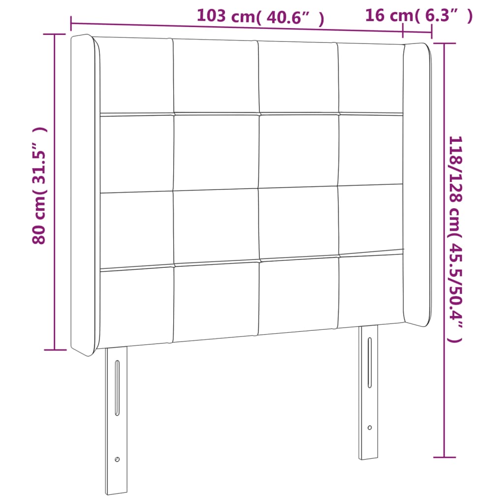 sengegavl med LED-lys 103x16x118/128 cm fløjl lysegrå