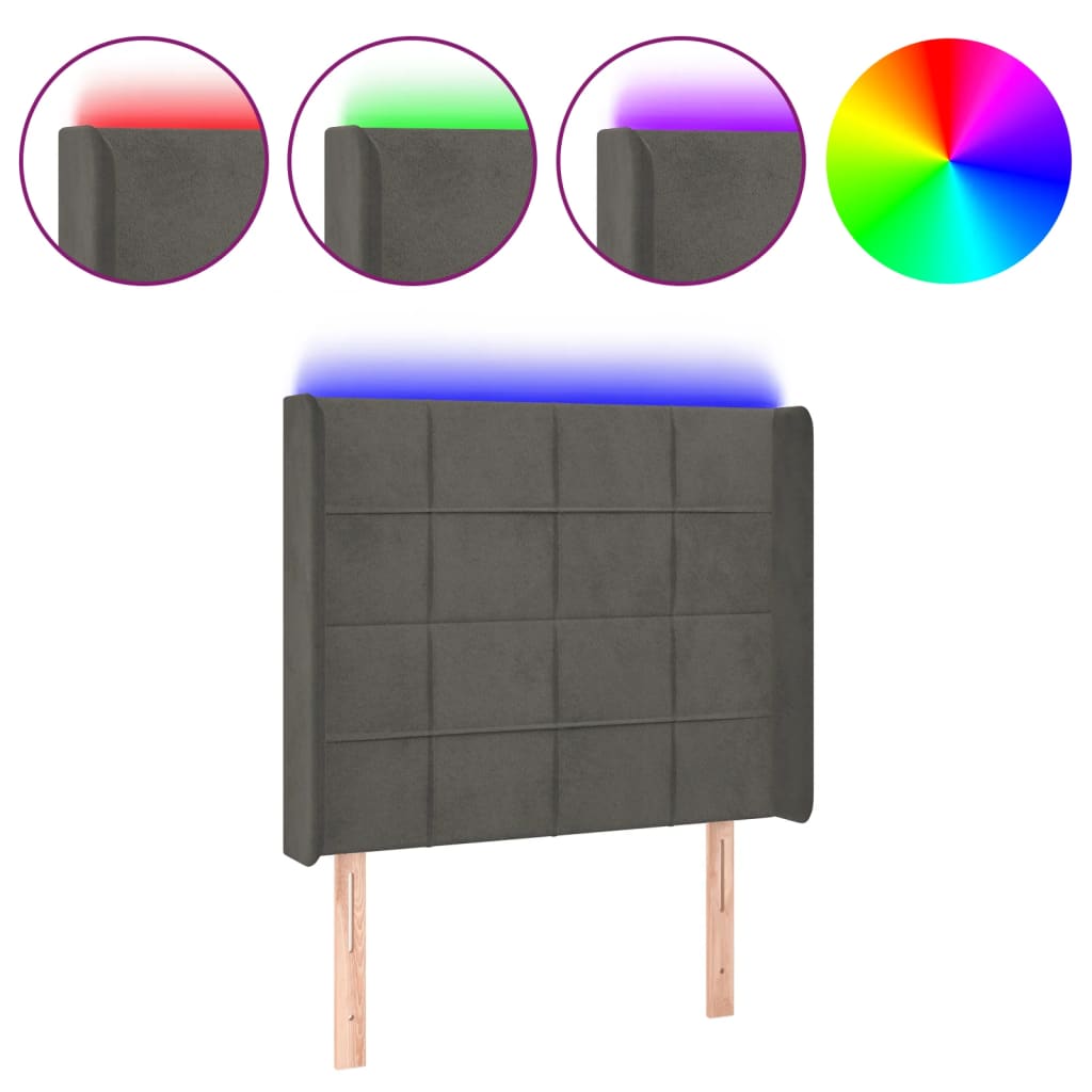 sengegavl med LED-lys 103x16x118/128 cm fløjl mørkegrå
