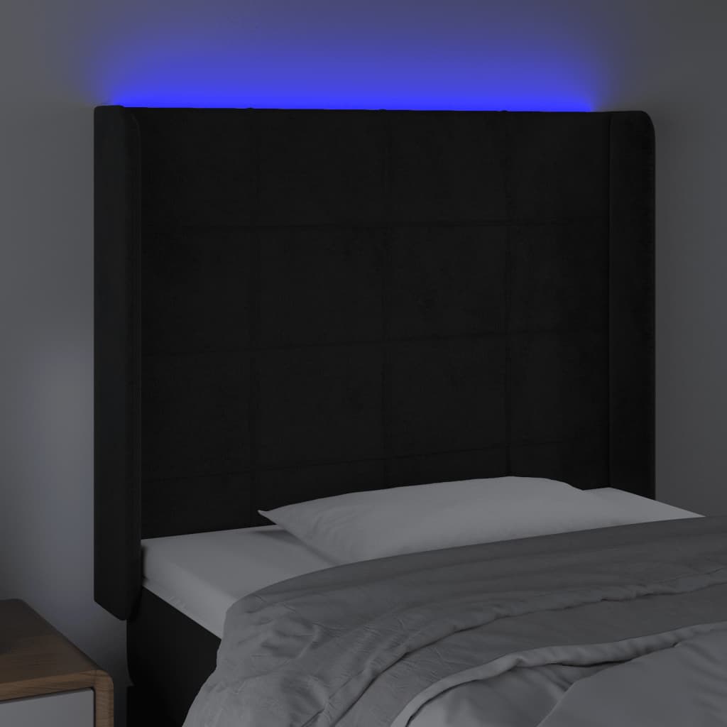 sengegavl med LED-lys 103x16x118/128 cm fløjl sort