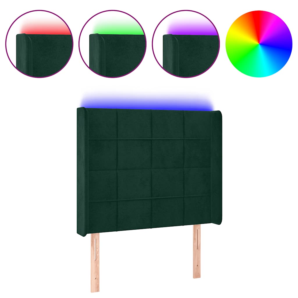 sengegavl med LED-lys 103x16x118/128 cm fløjl mørkegrøn