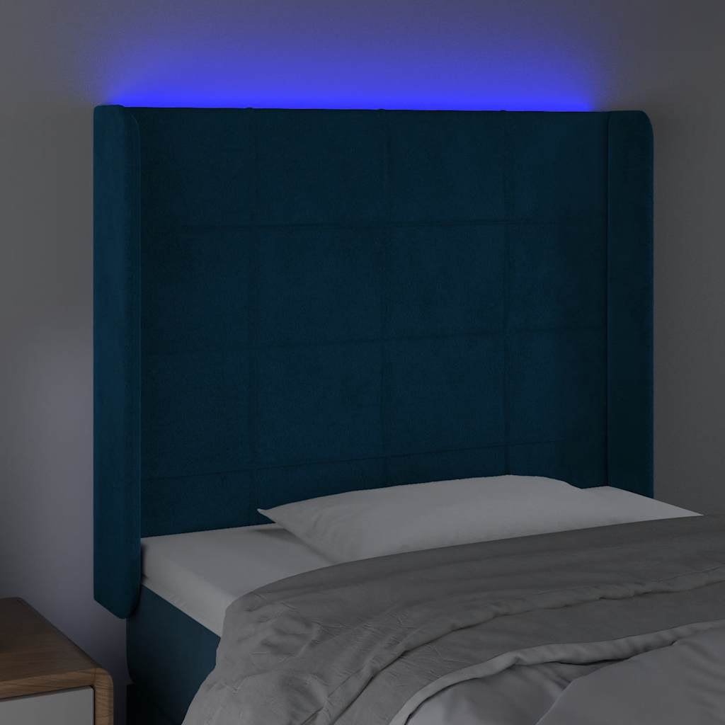 sengegavl med LED-lys 103x16x118/128 cm fløjl mørkeblå