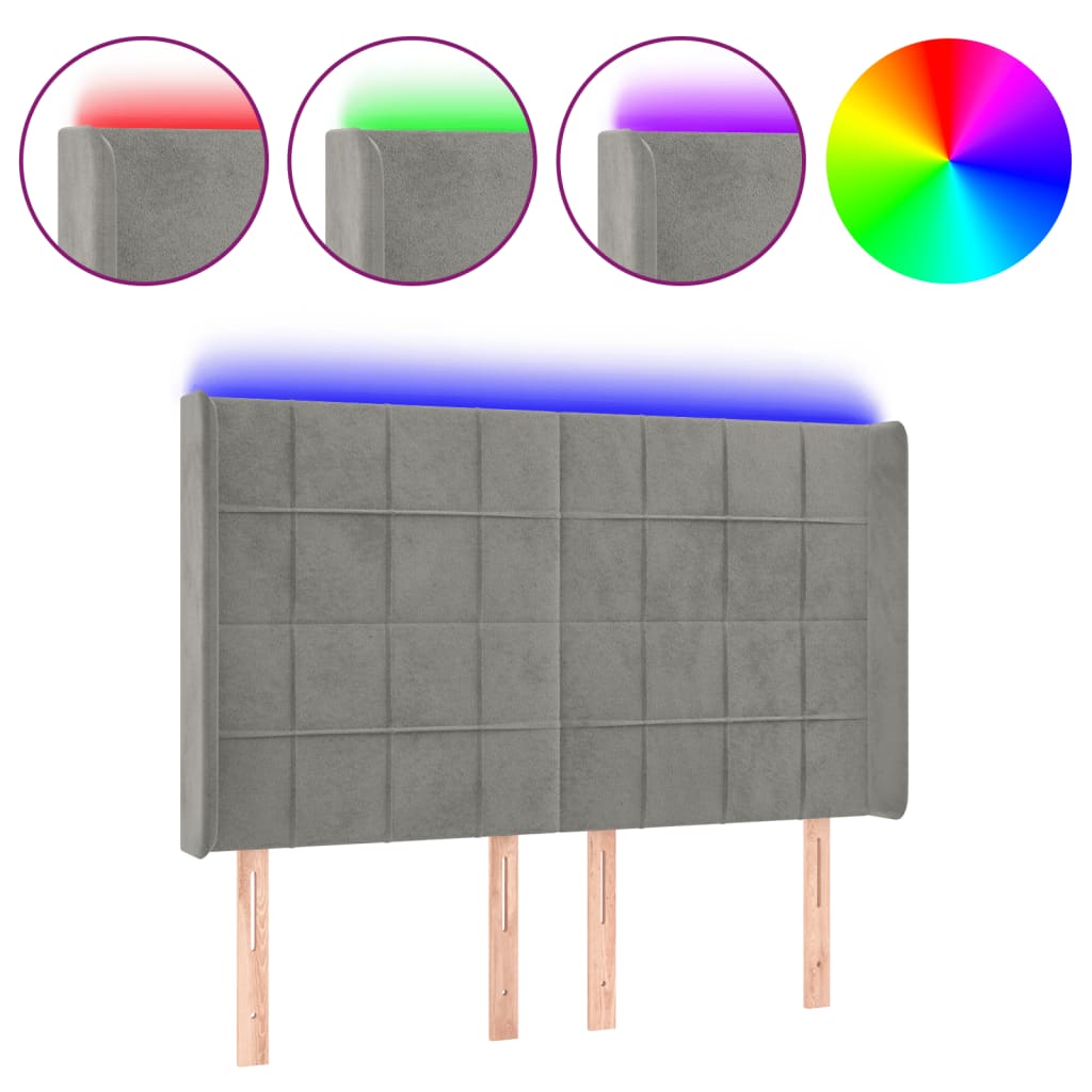 sengegavl med LED-lys 147x16x118/128 cm fløjl lysegrå