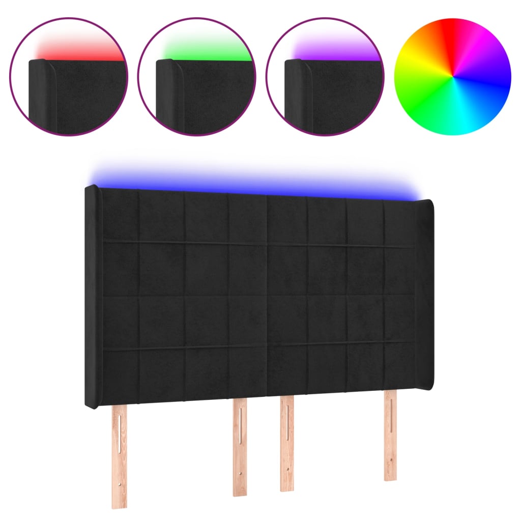 sengegavl med LED-lys 147x16x118/128 cm fløjl sort