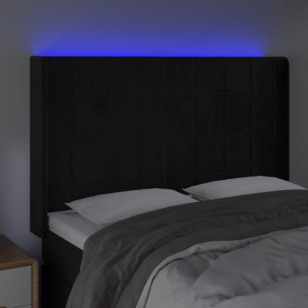 sengegavl med LED-lys 147x16x118/128 cm fløjl sort