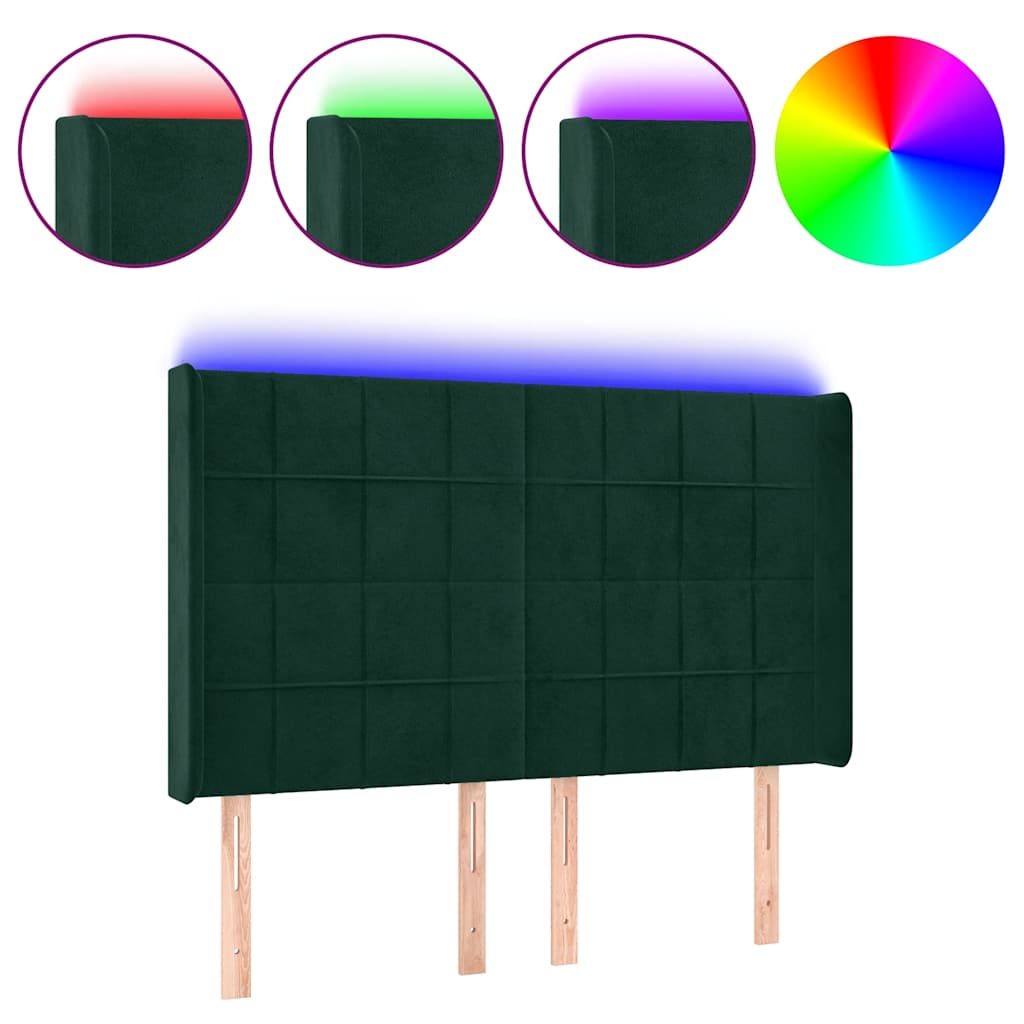 sengegavl med LED-lys 147x16x118/128 cm fløjl mørkegrøn