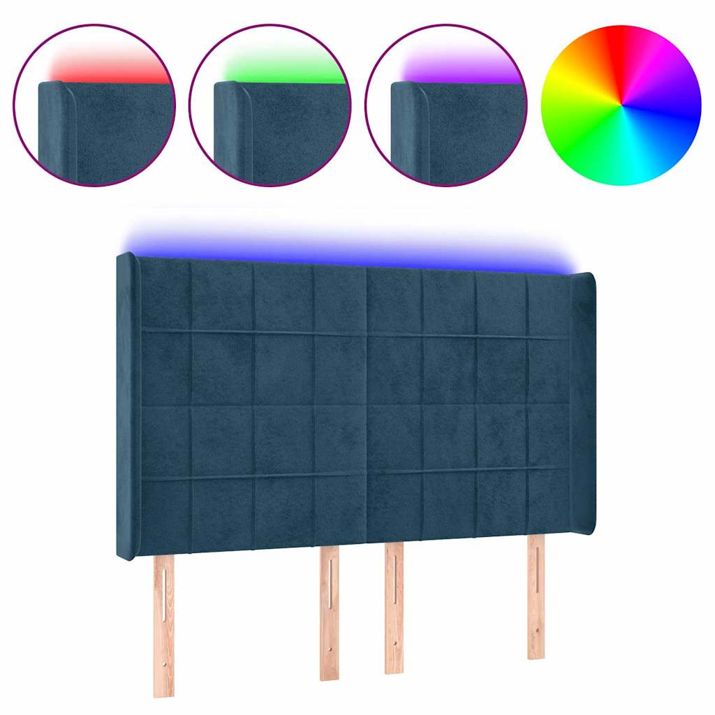 sengegavl med LED-lys 147x16x118/128 cm fløjl mørkeblå