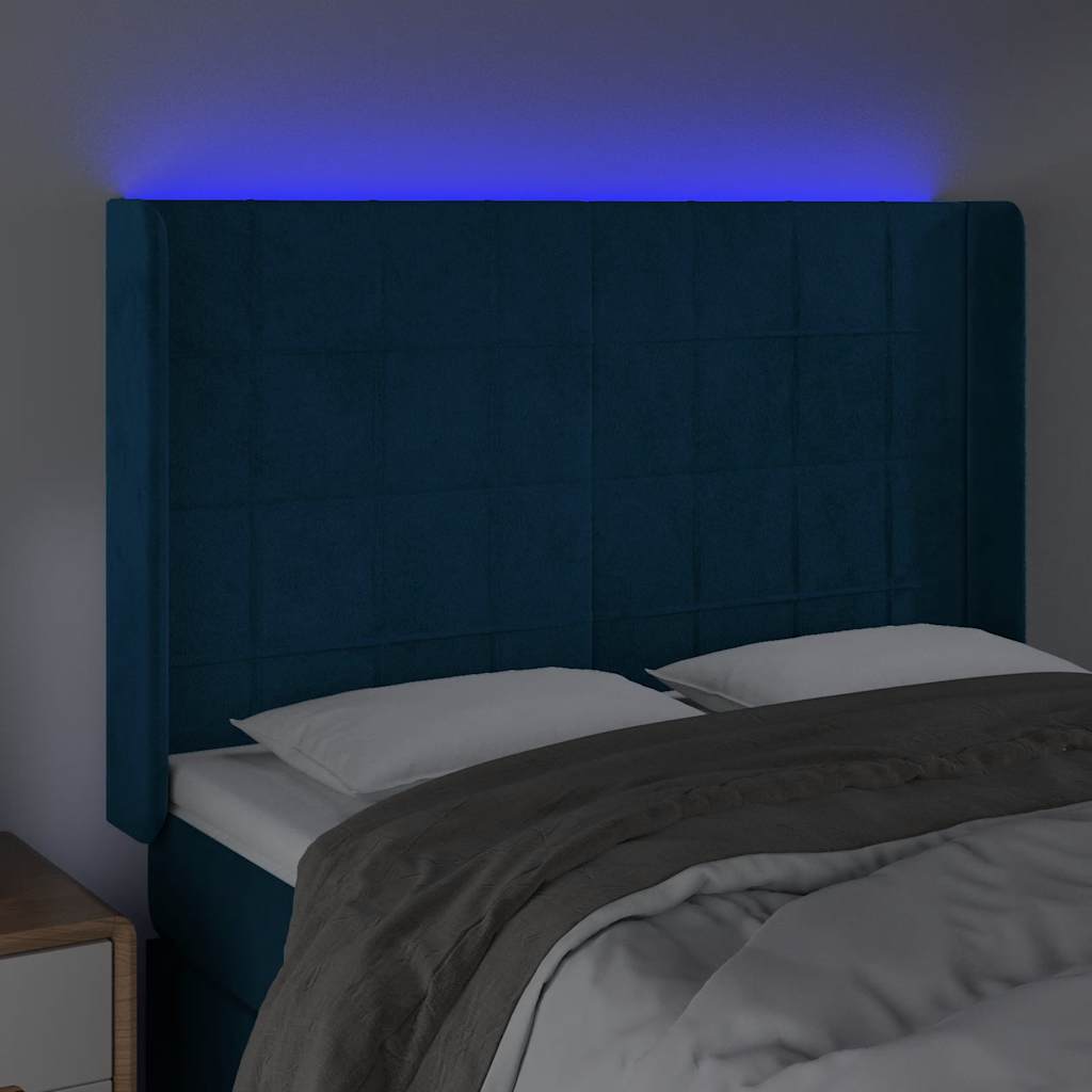 sengegavl med LED-lys 147x16x118/128 cm fløjl mørkeblå