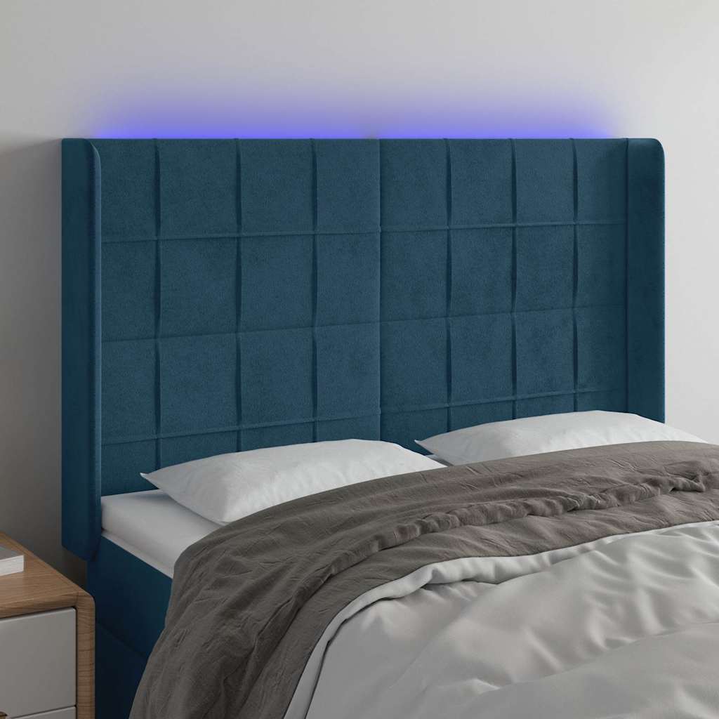 sengegavl med LED-lys 147x16x118/128 cm fløjl mørkeblå