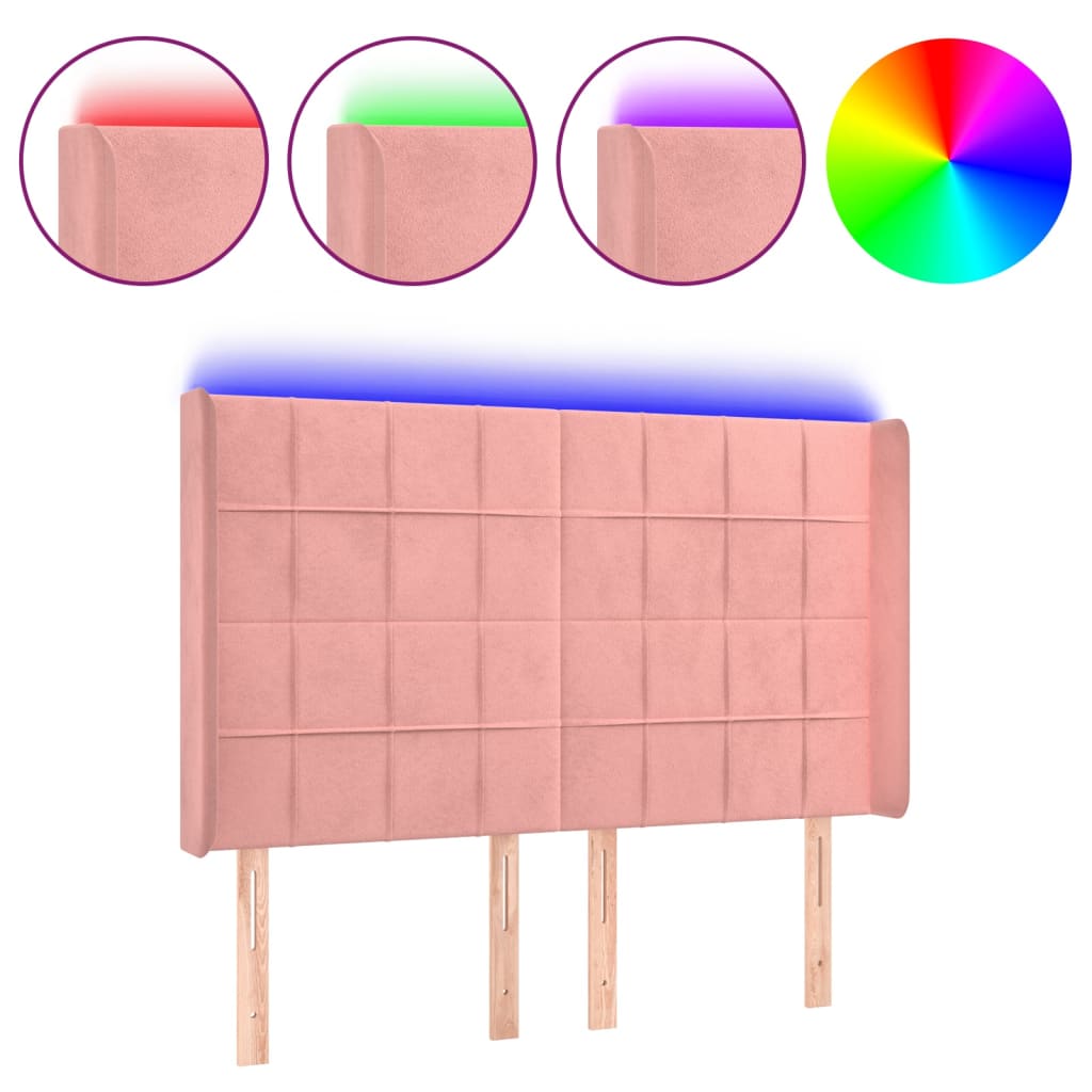 sengegavl med LED-lys 147x16x118/128 cm fløjl lyserød