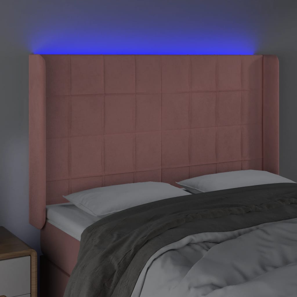 sengegavl med LED-lys 147x16x118/128 cm fløjl lyserød