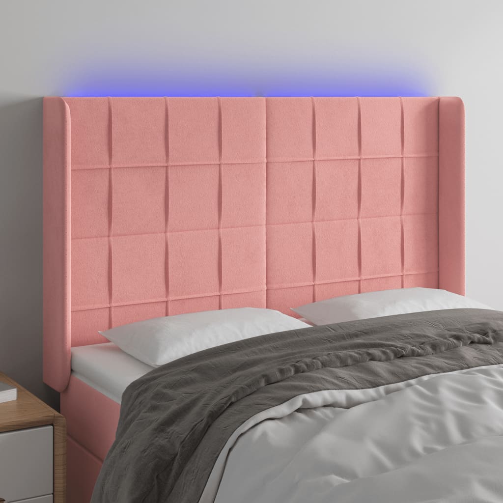 sengegavl med LED-lys 147x16x118/128 cm fløjl lyserød