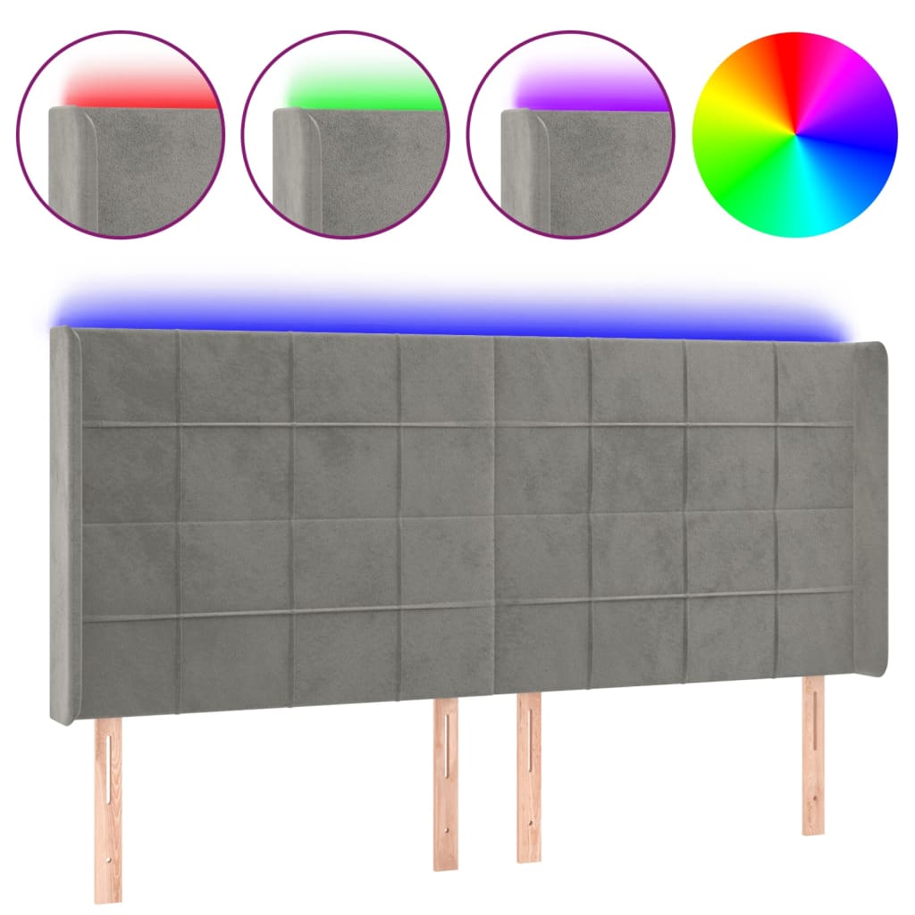 sengegavl med LED-lys 183x16x118/128 cm fløjl lysegrå
