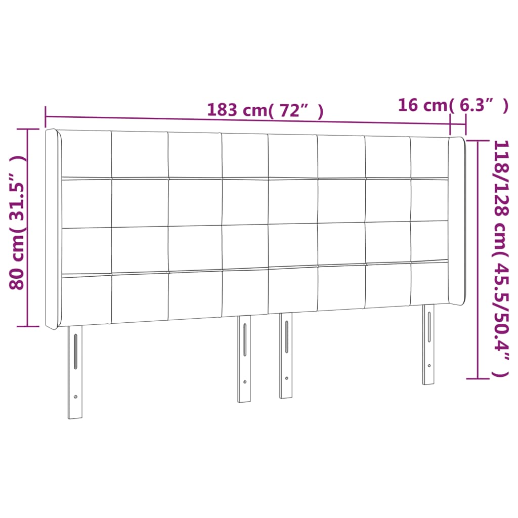 sengegavl med LED-lys 183x16x118/128 cm fløjl mørkegrå