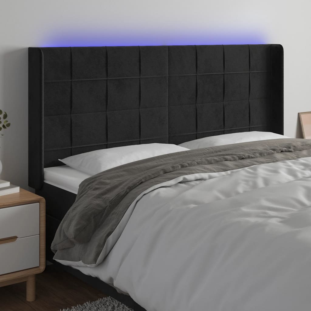 sengegavl med LED-lys 183x16x118/128 cm fløjl sort