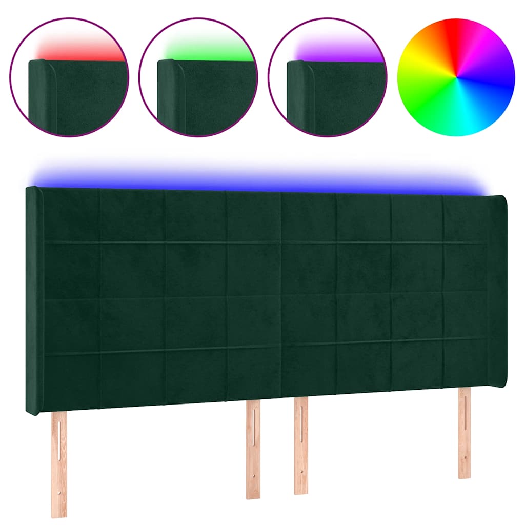 sengegavl med LED-lys 183x16x118/128 cm fløjl mørkegrøn