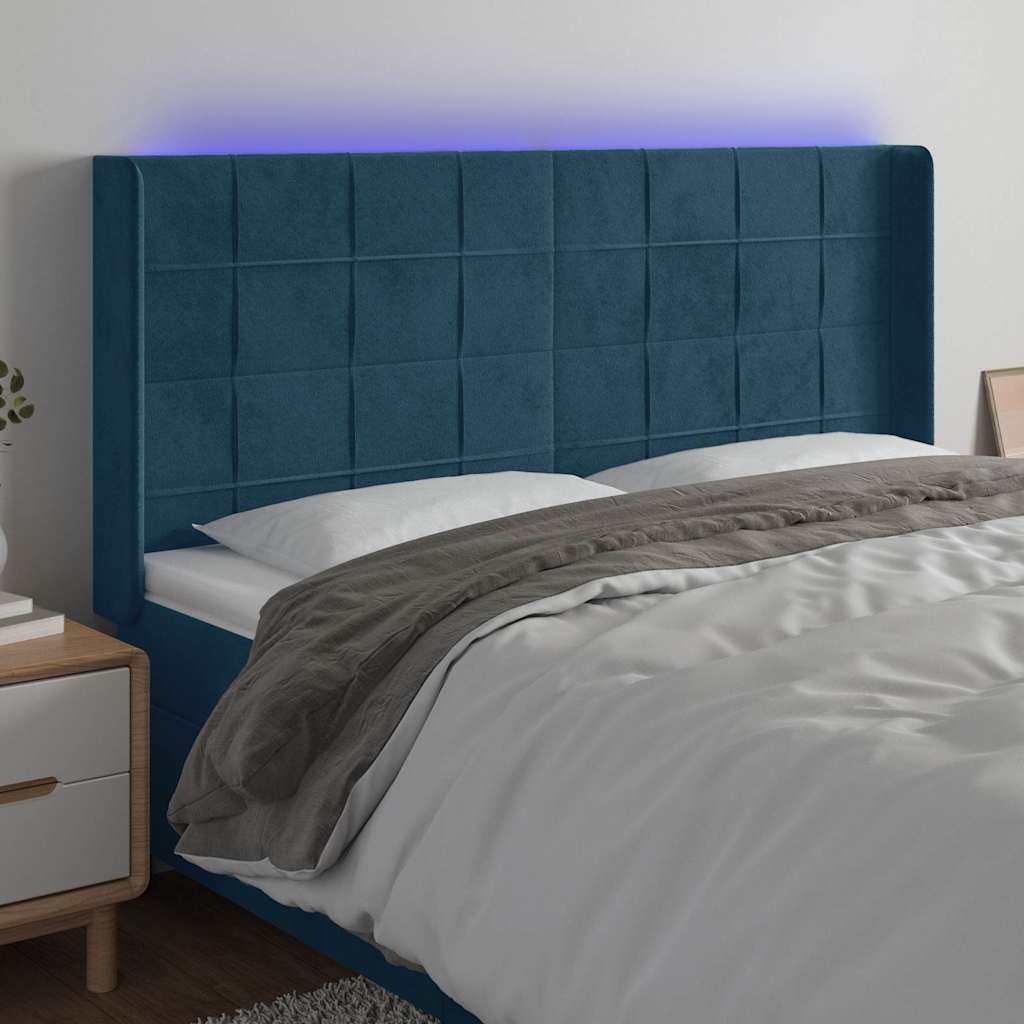 sengegavl med LED-lys 183x16x118/128 cm fløjl mørkeblå