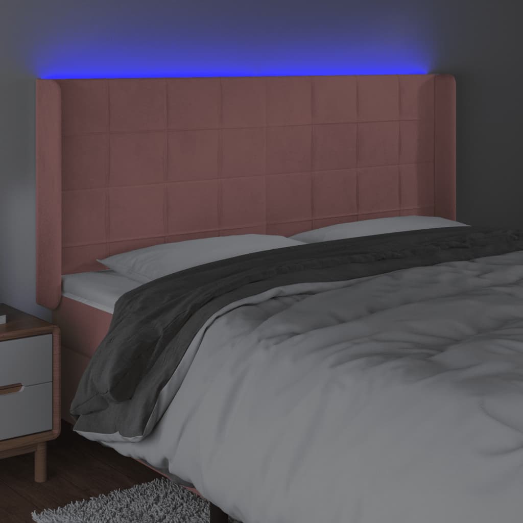 sengegavl med LED-lys 183x16x118/128 cm fløjl lyserød