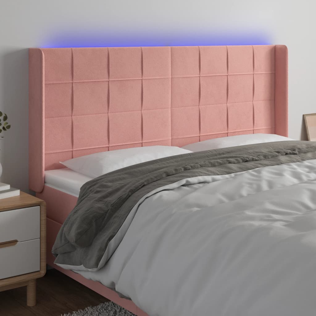 sengegavl med LED-lys 183x16x118/128 cm fløjl lyserød