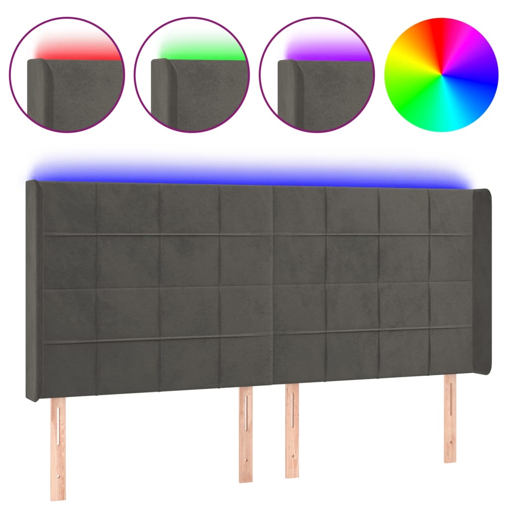 sengegavl med LED-lys 203x16x118/128 cm fløjl mørkegrå