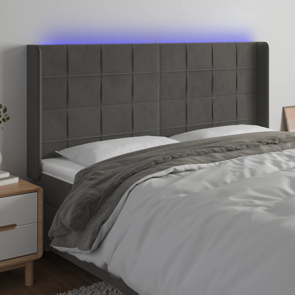 sengegavl med LED-lys 203x16x118/128 cm fløjl mørkegrå