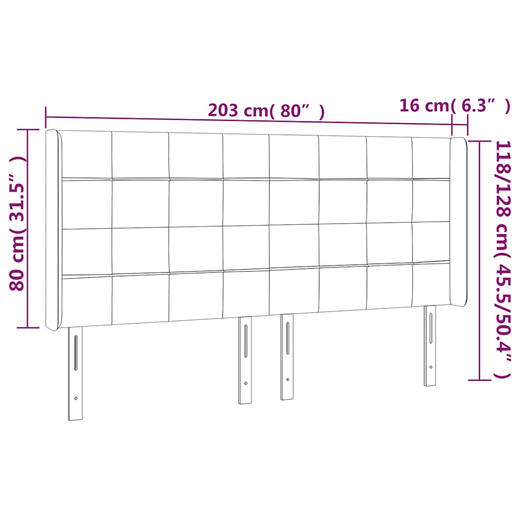 sengegavl med LED-lys 203x16x118/128 cm fløjl mørkeblå