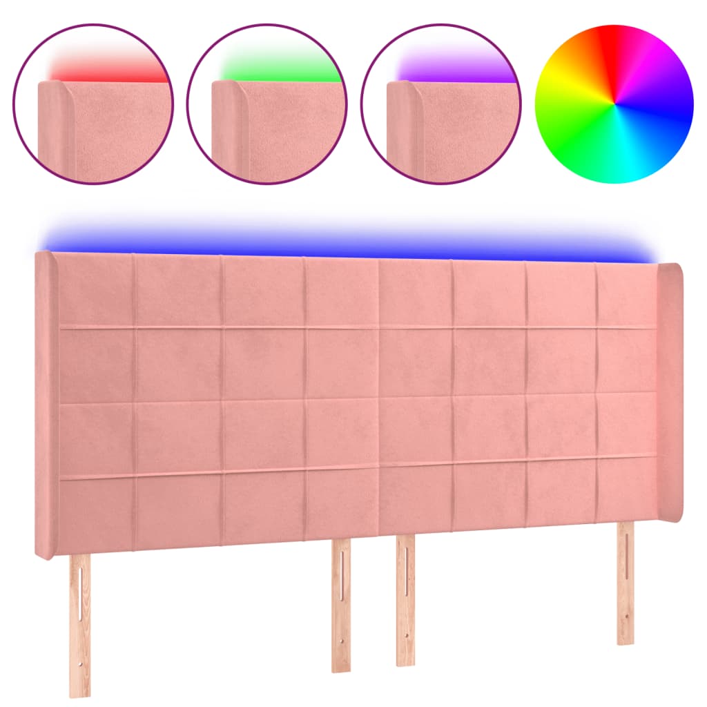sengegavl med LED-lys 203x16x118/128 cm fløjl lyserød