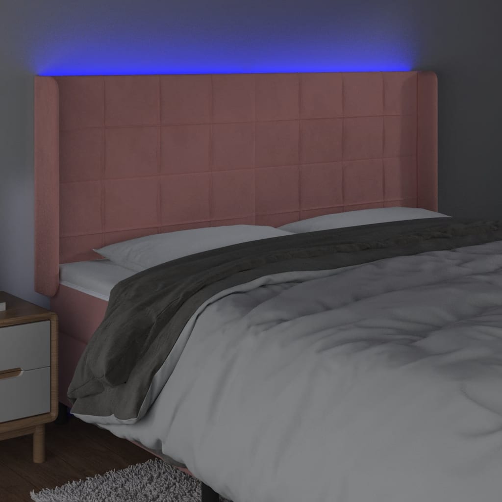 sengegavl med LED-lys 203x16x118/128 cm fløjl lyserød