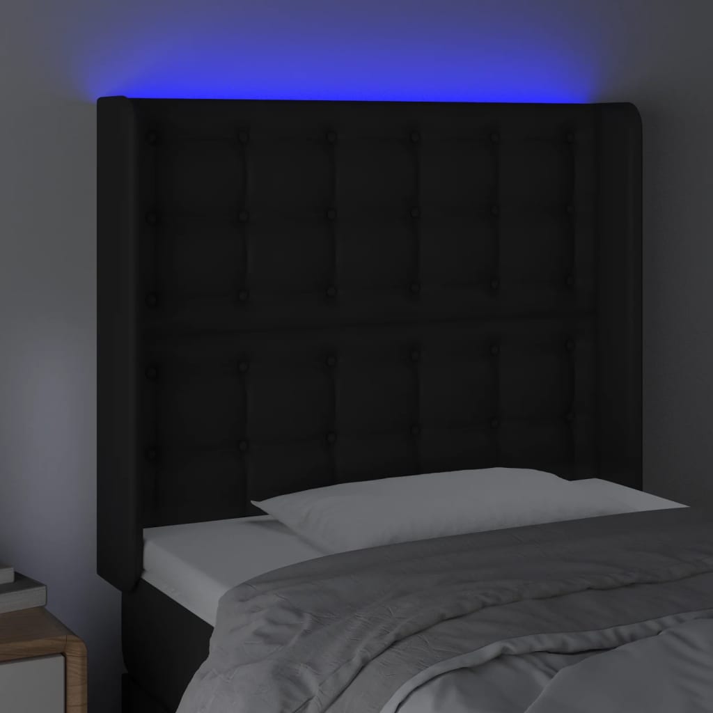 sengegavl med LED-lys 83x16x118/128 cm kunstlæder sort