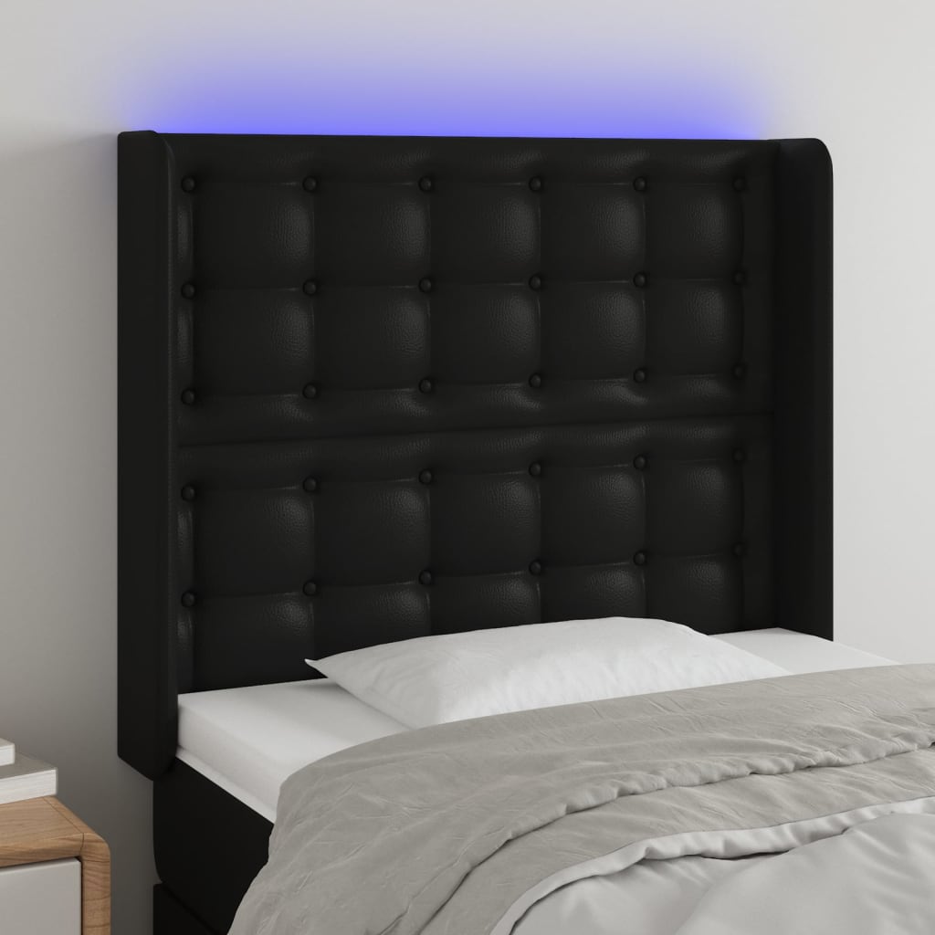 sengegavl med LED-lys 83x16x118/128 cm kunstlæder sort