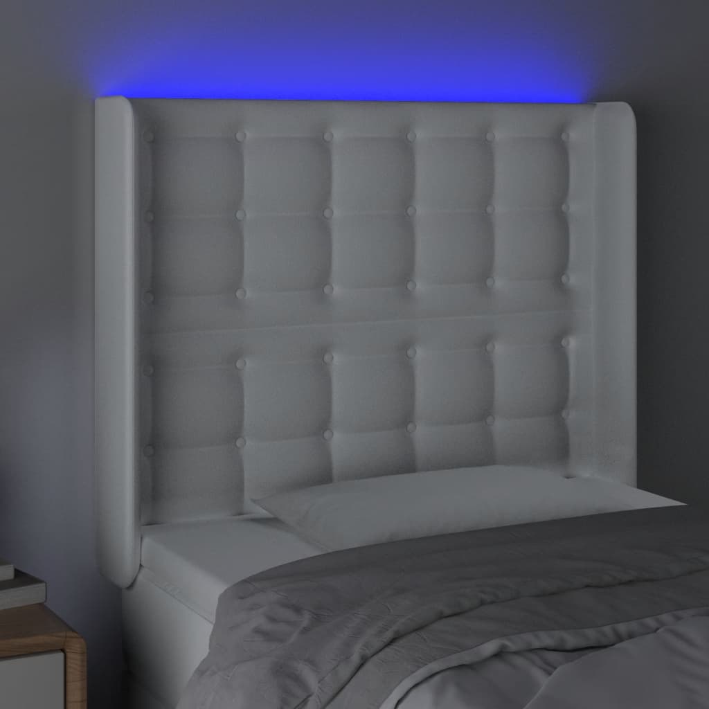sengegavl med LED-lys 83x16x118/128 cm kunstlæder hvid