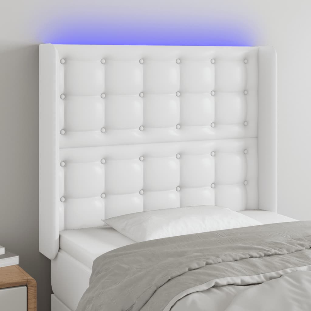 sengegavl med LED-lys 83x16x118/128 cm kunstlæder hvid