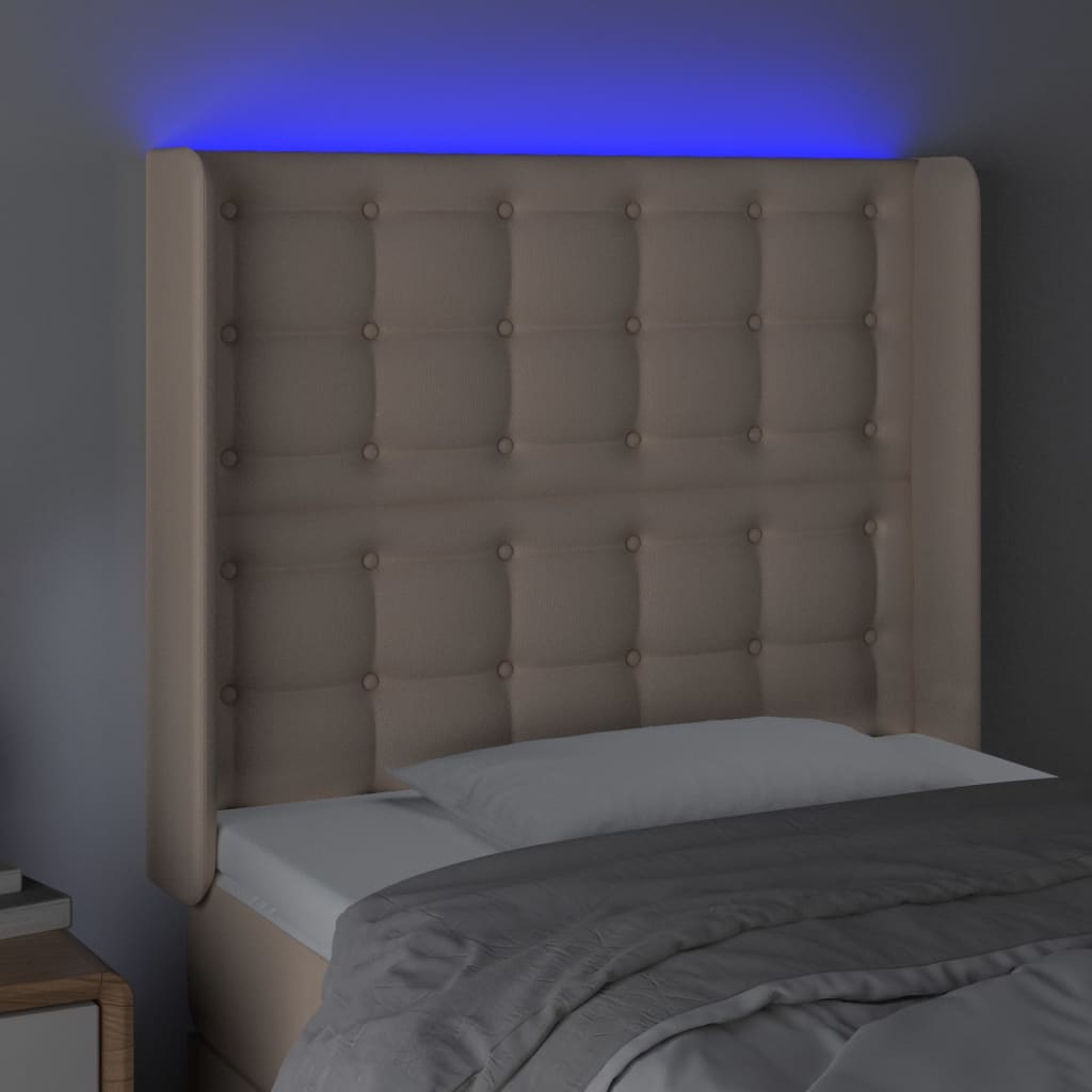 sengegavl med LED-lys 83x16x118/128 cm kunstlæder cappuccino