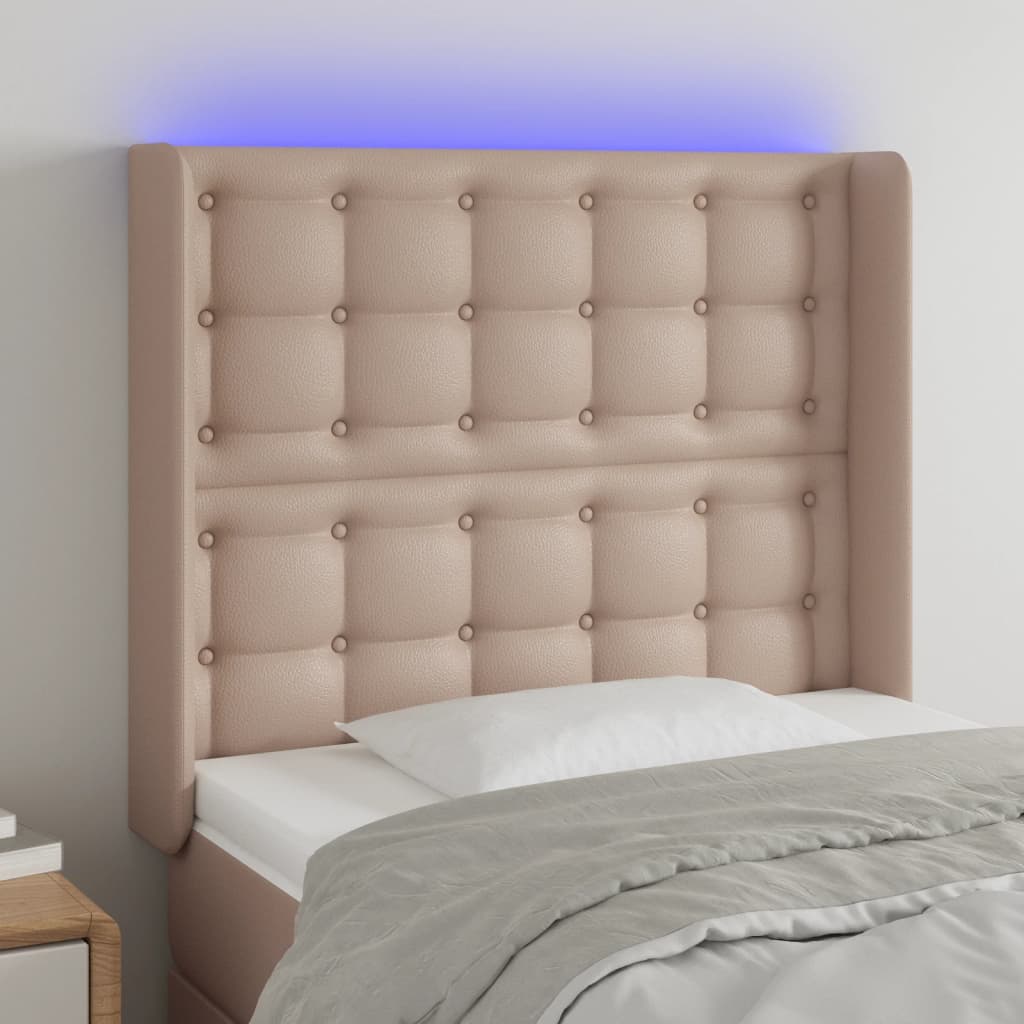 sengegavl med LED-lys 83x16x118/128 cm kunstlæder cappuccino