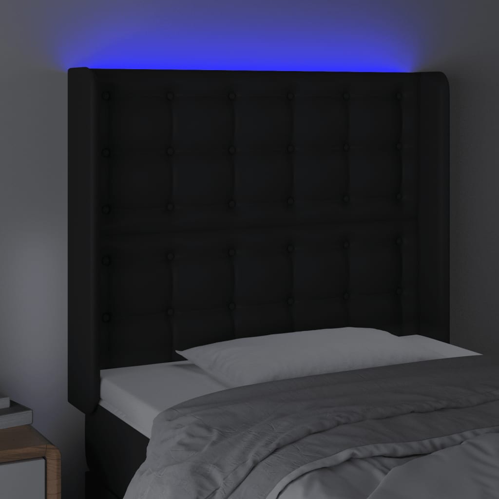 sengegavl med LED-lys 93x16x118/128 cm kunstlæder sort