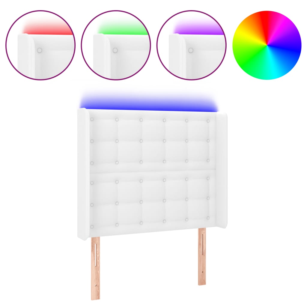 sengegavl med LED-lys 93x16x118/128 cm kunstlæder hvid