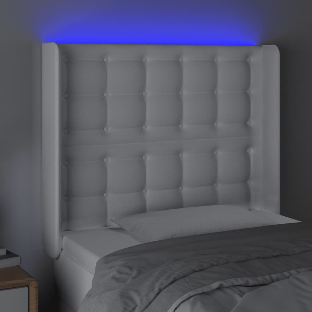 sengegavl med LED-lys 93x16x118/128 cm kunstlæder hvid