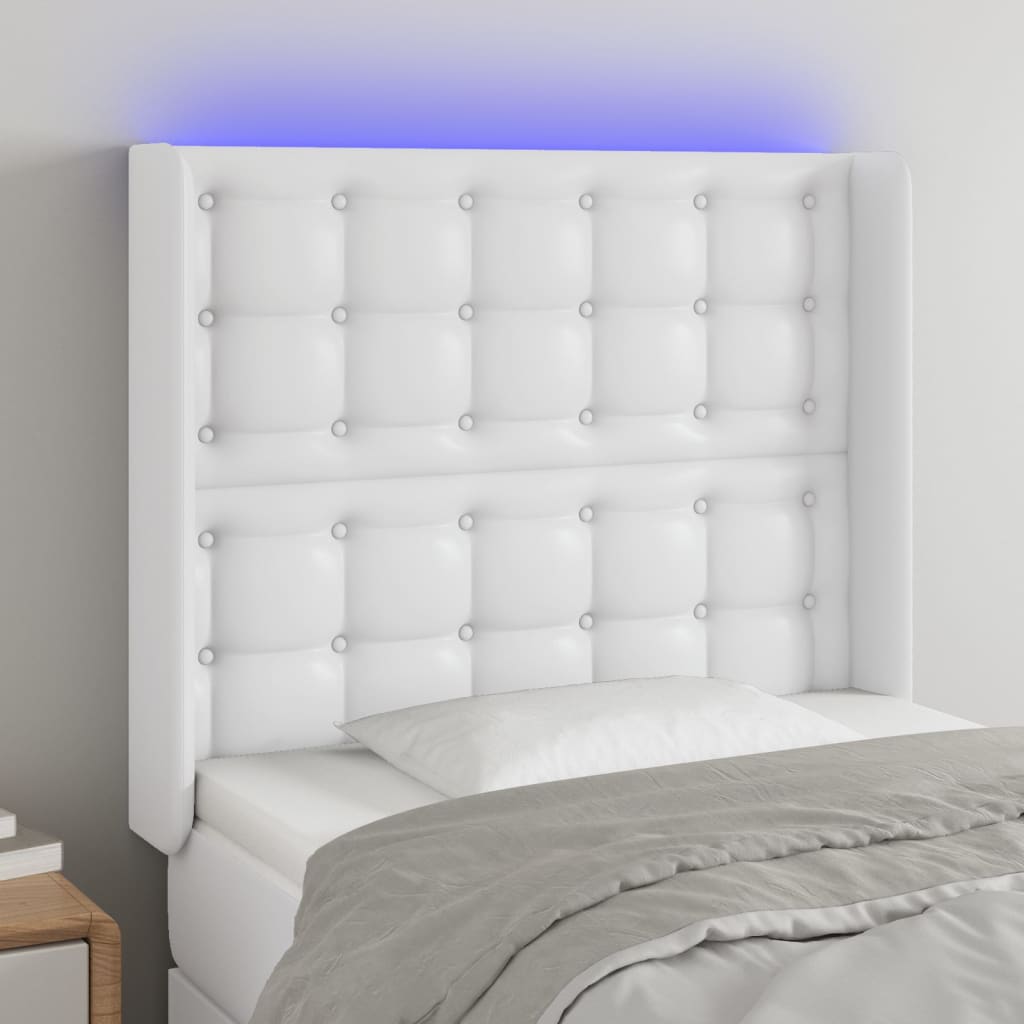 sengegavl med LED-lys 93x16x118/128 cm kunstlæder hvid