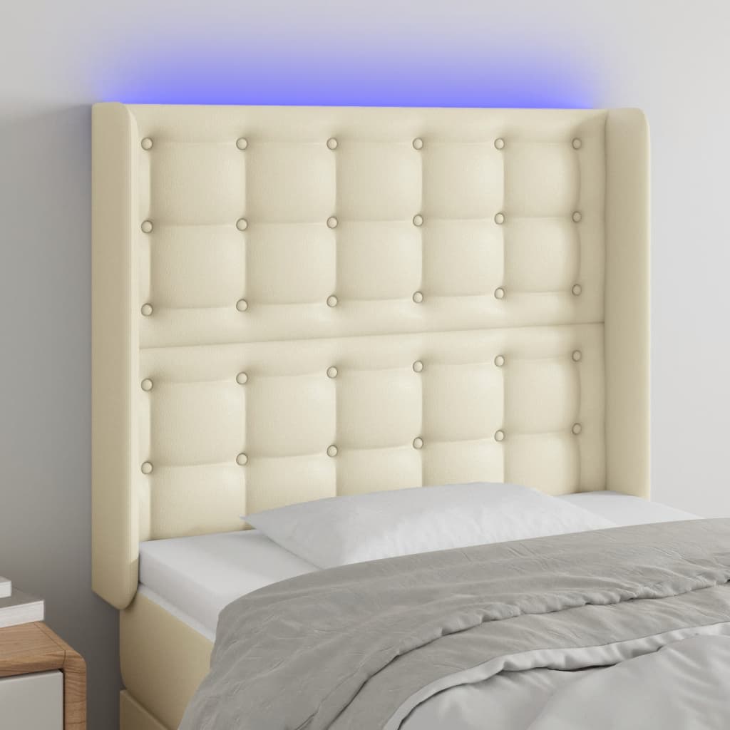 sengegavl med LED-lys 93x16x118/128 cm kunstlæder cremefarvet
