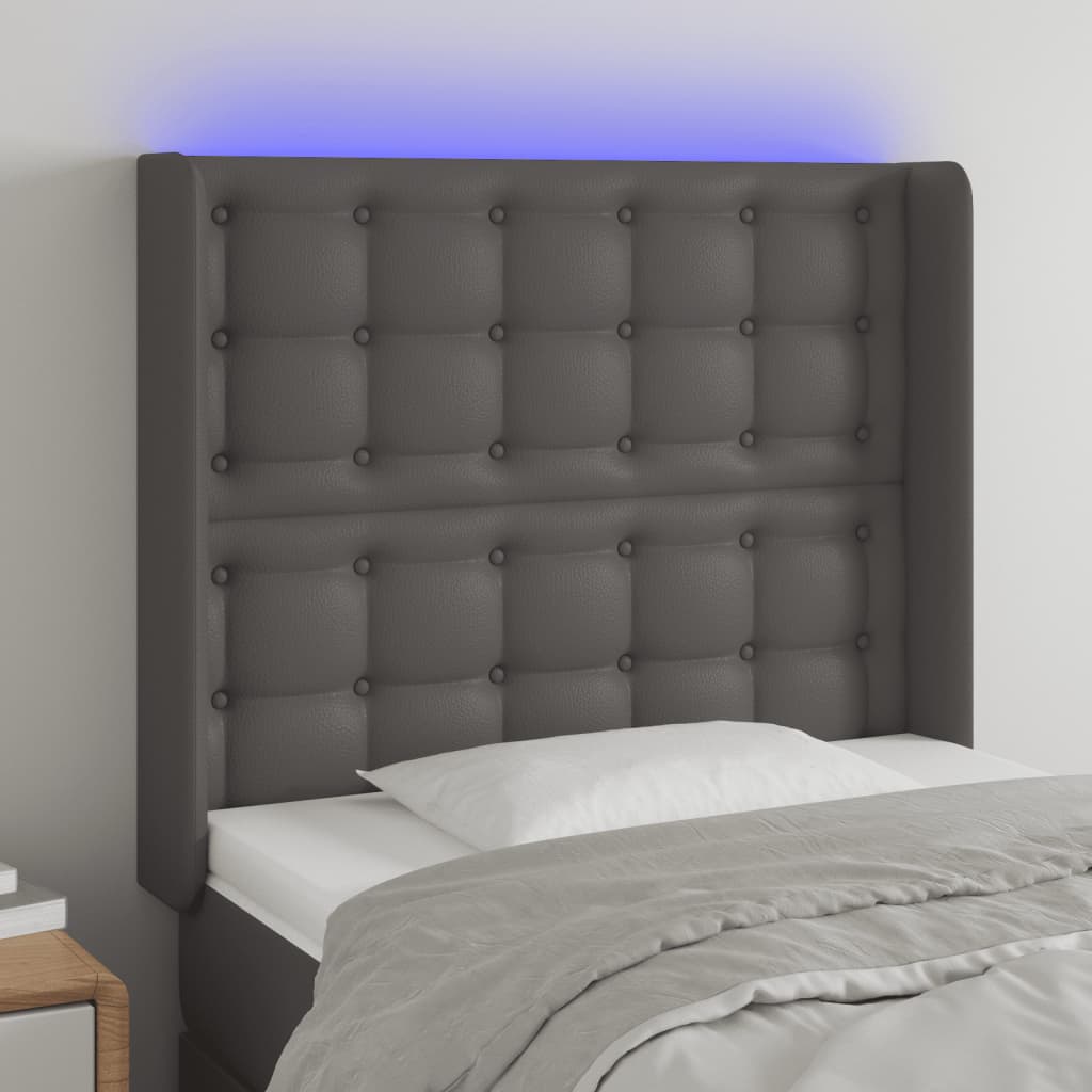 sengegavl med LED-lys 93x16x118/128 cm kunstlæder grå