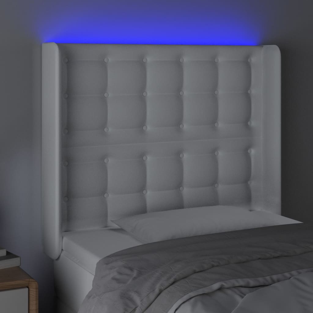 sengegavl med LED-lys 103x16x118/128 cm kunstlæder hvid