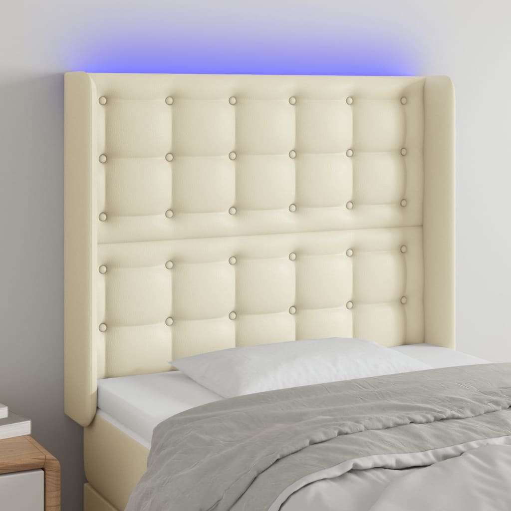 sengegavl med LED-lys 103x16x118/128 cm kunstlæder cremefarvet