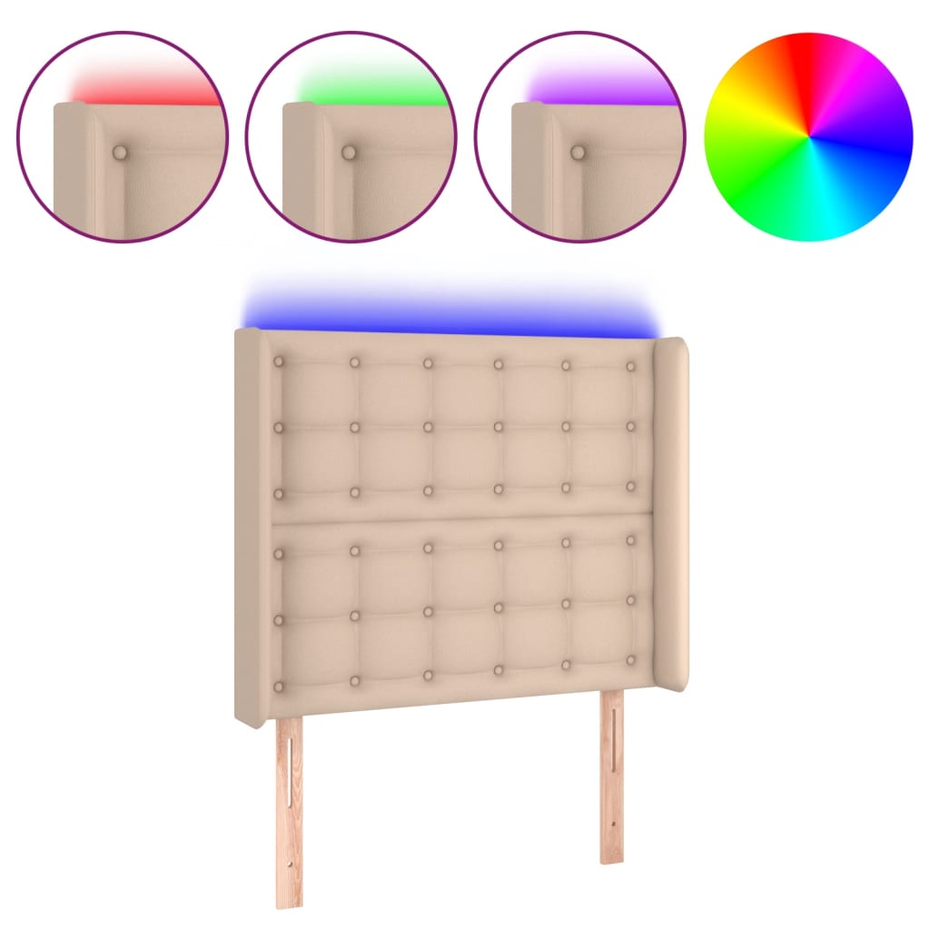 sengegavl med LED-lys 103x16x118/128 cm kunstlæder cappuccino